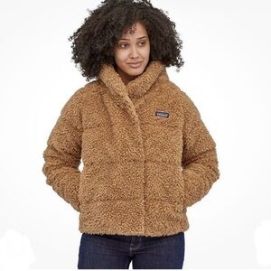 Patagonia High Pile Fleece Down Jacket Womens XL Barefoot Tan Sherpa Fully Lined